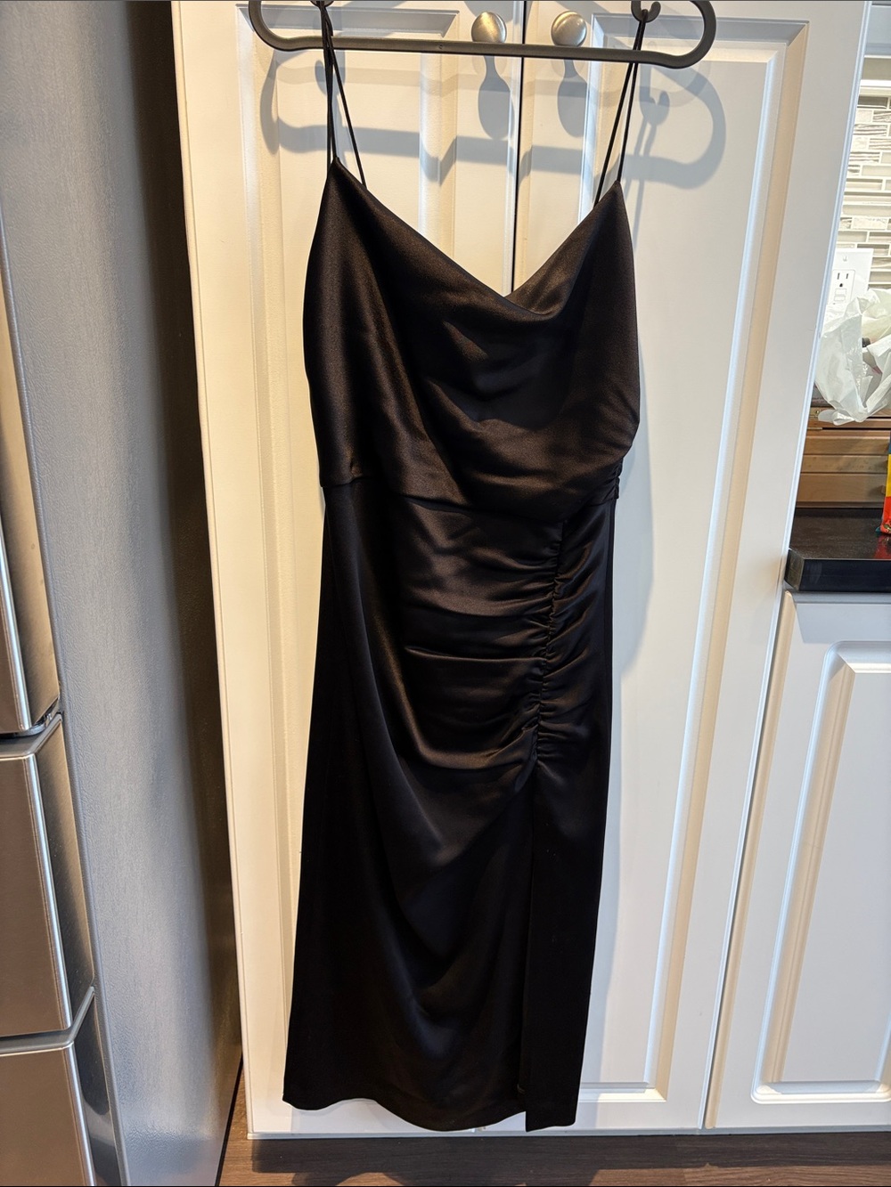 Alice + Olivia Black Satin Cowl Neck Slip Dress with Slit